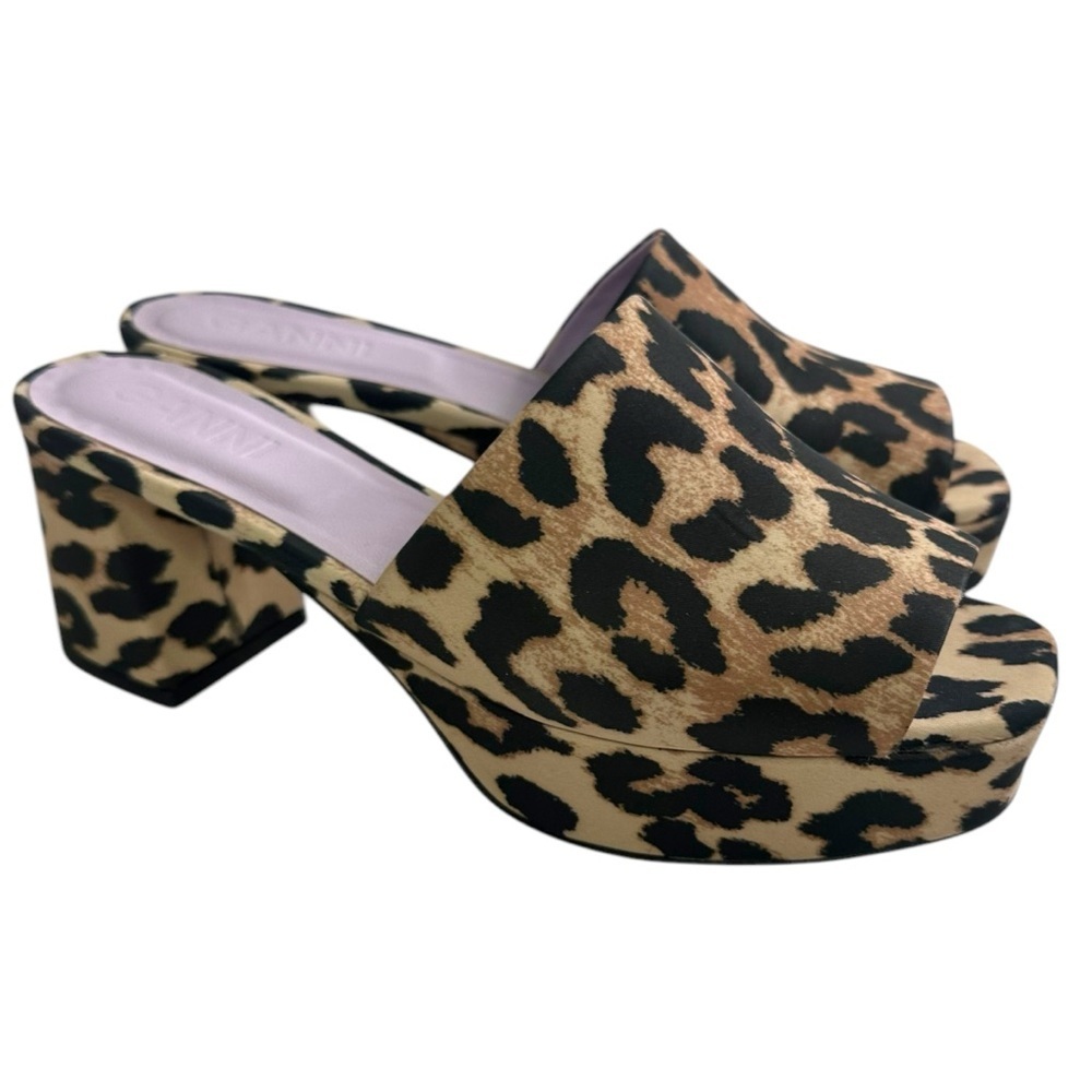 Ganni Leopard Print Platform Mules in Tan, Black
